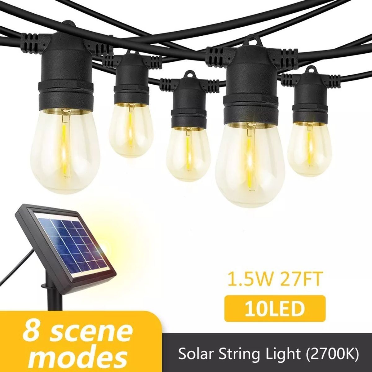 GENERICO - Guirnalda Solar Led 10 Ampolletas 10 Metros Luz Cálida