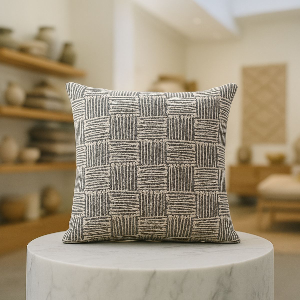 ARMONIA - Funda de cojín gris 45x45 tribal para living chileno 694