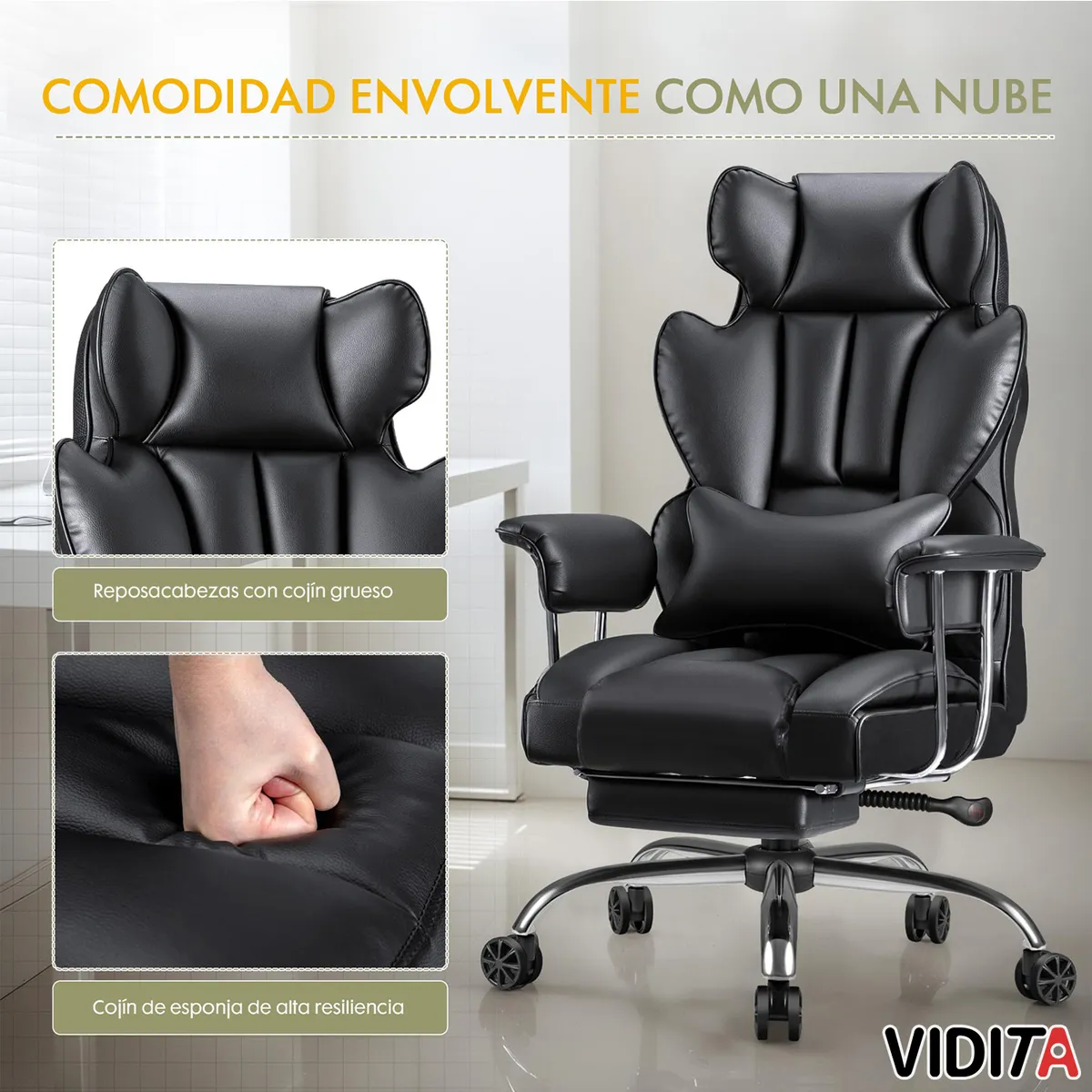 VIDITA - Silla Escritorio Ejecutiva Emilio Premium+ Oficina Ergonomica Pu Negro