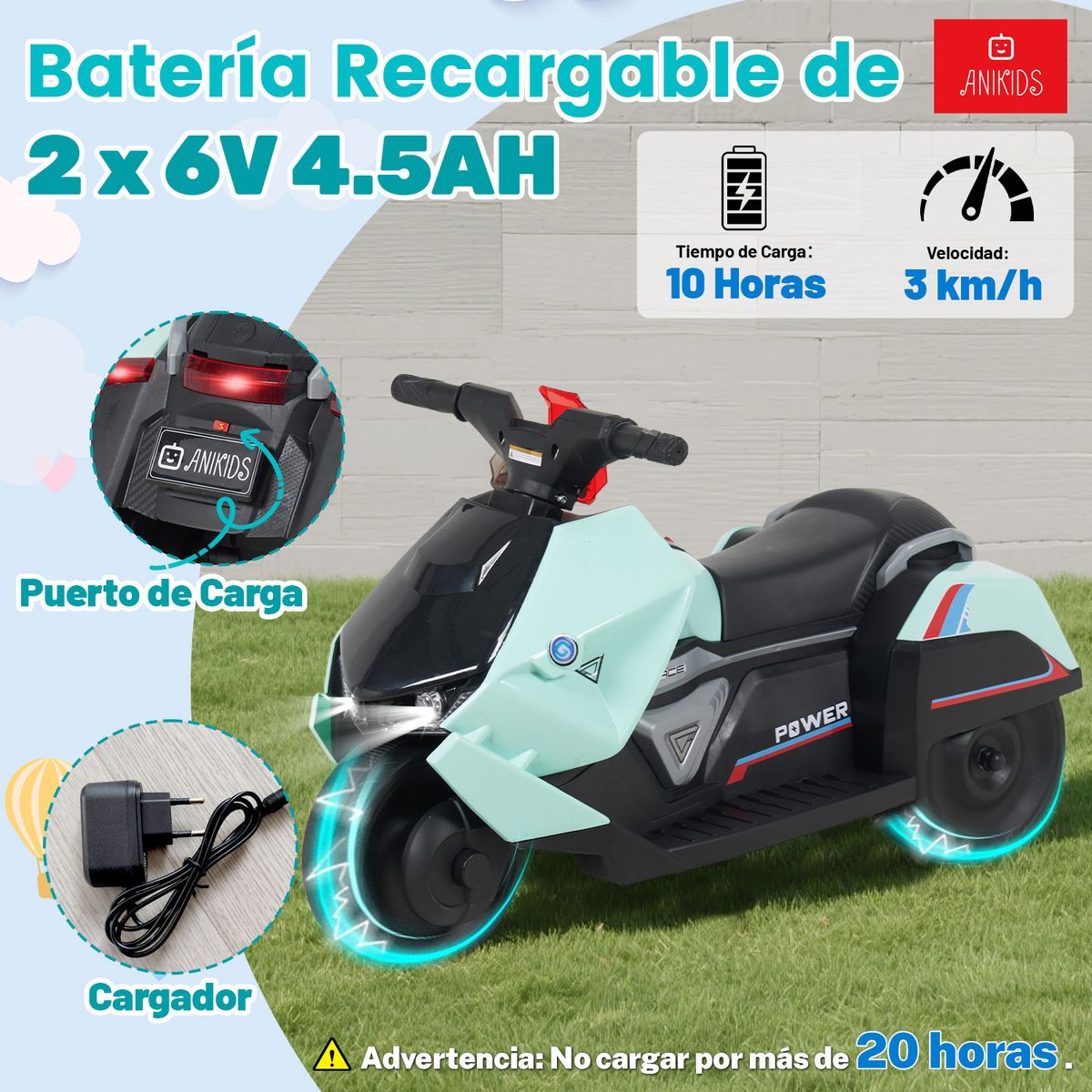 ANIKIDS - Moto A Batería Infantil 6V Con 3 Ruedas Multifuncional Agua