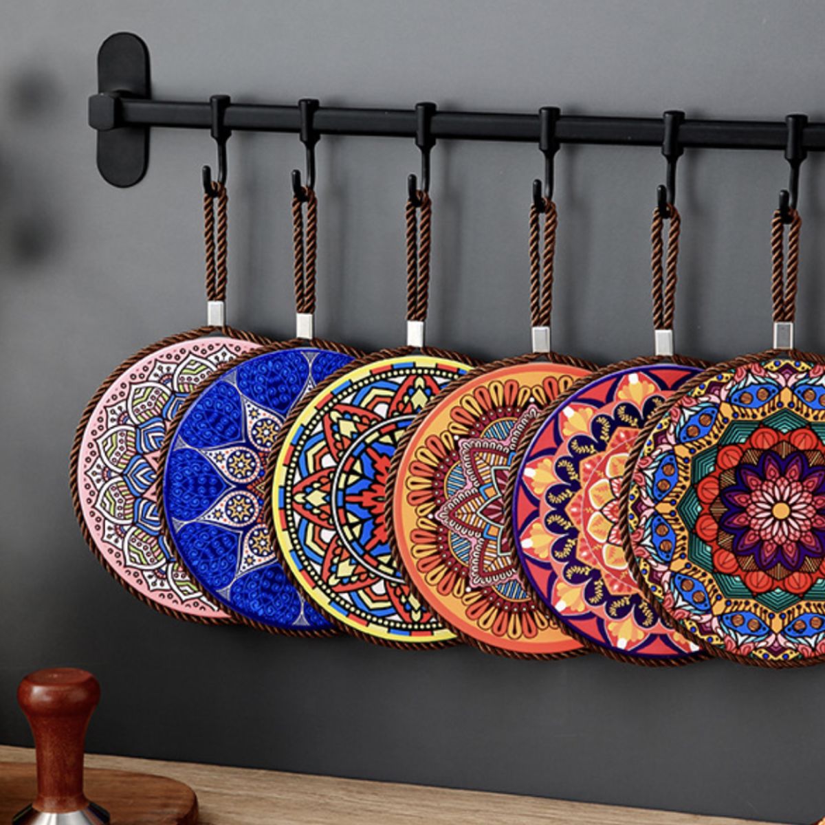 PUREPOWER - 6 Piezas Posavasos Bohemios Cerámica Corcho, Diám 6.61 Pulg - Vintage