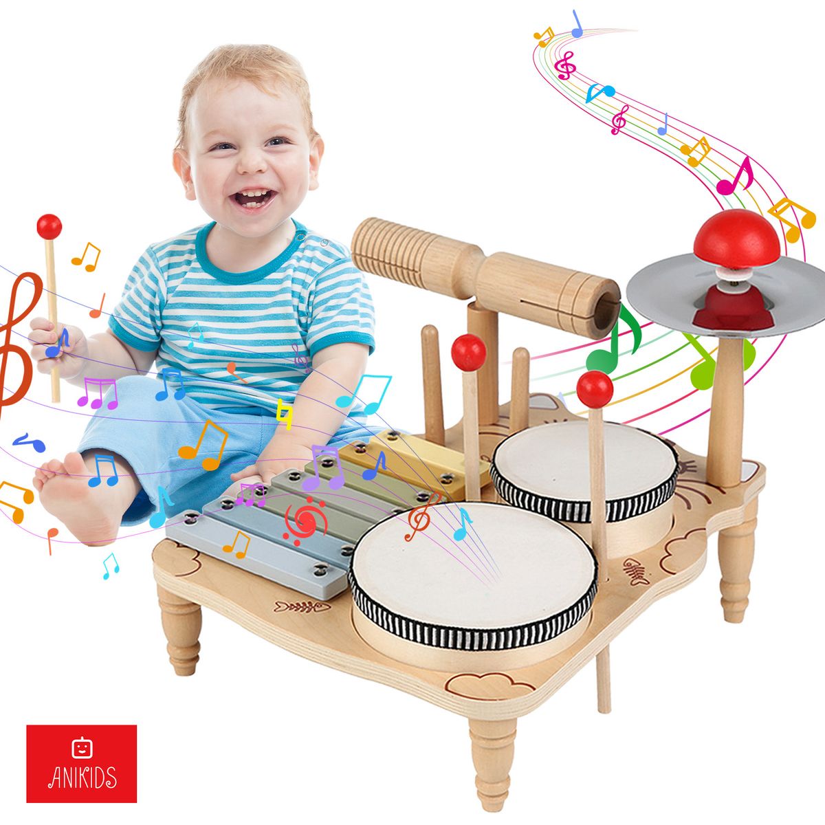 ANIKIDS - Juguete Didáctico Montessori Musical 7 En 1 Madera Niño Niña