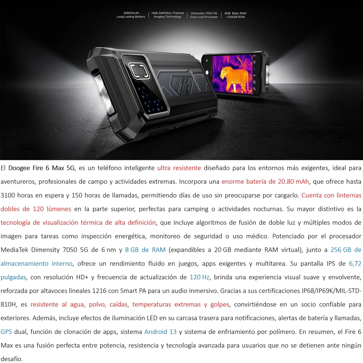 DOOGEE - Doogee Fire 6 Max 5G Celular Resistente con Cámara Térmica y Batería Grande de 20800mAh