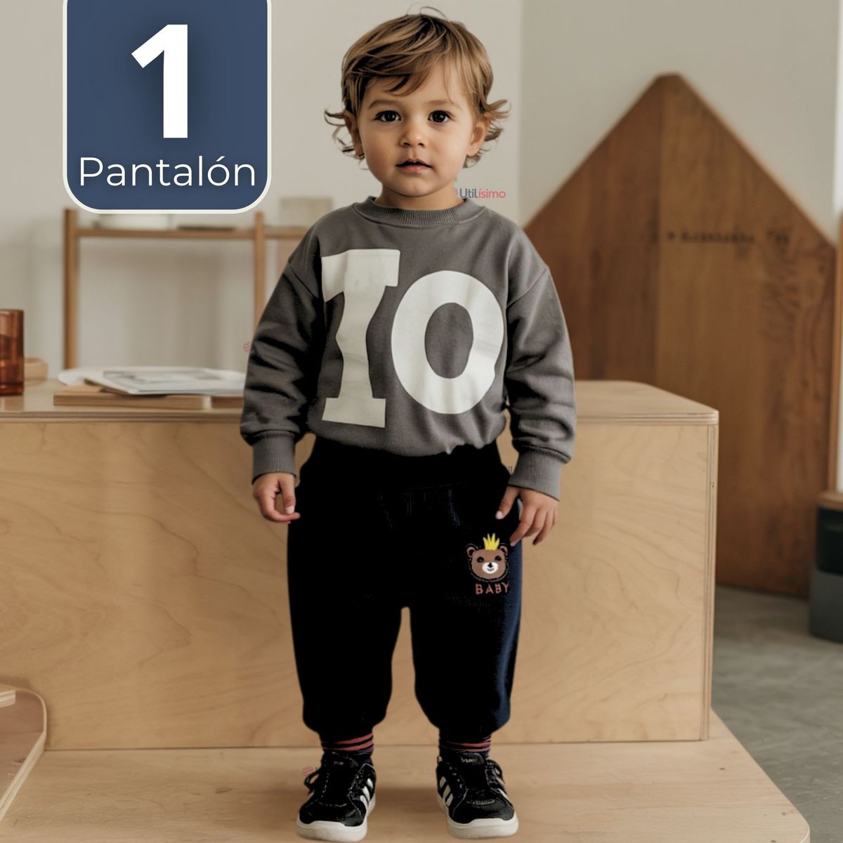 JUMP KIDS - Buzo Cotele Bebé Niño Forrado en Polar Negro Pantalón