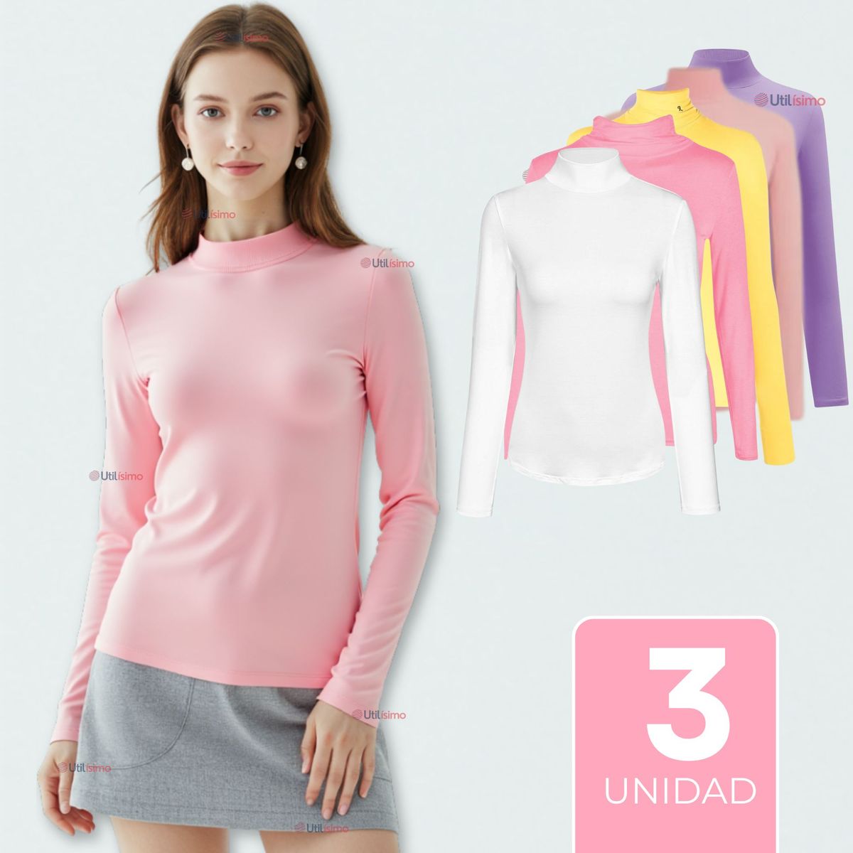 UTILISIMO - Pack 3 Camiseta Niña Primera Capa Bambú Invierno Cuello Beatle Polera