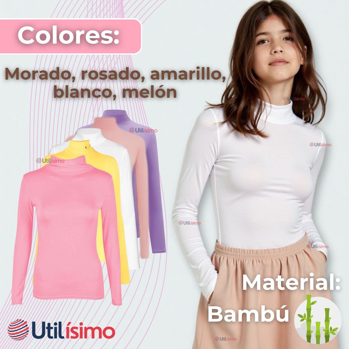 UTILISIMO - Pack 3 Camiseta Niña Primera Capa Bambú Invierno Cuello Beatle Polera