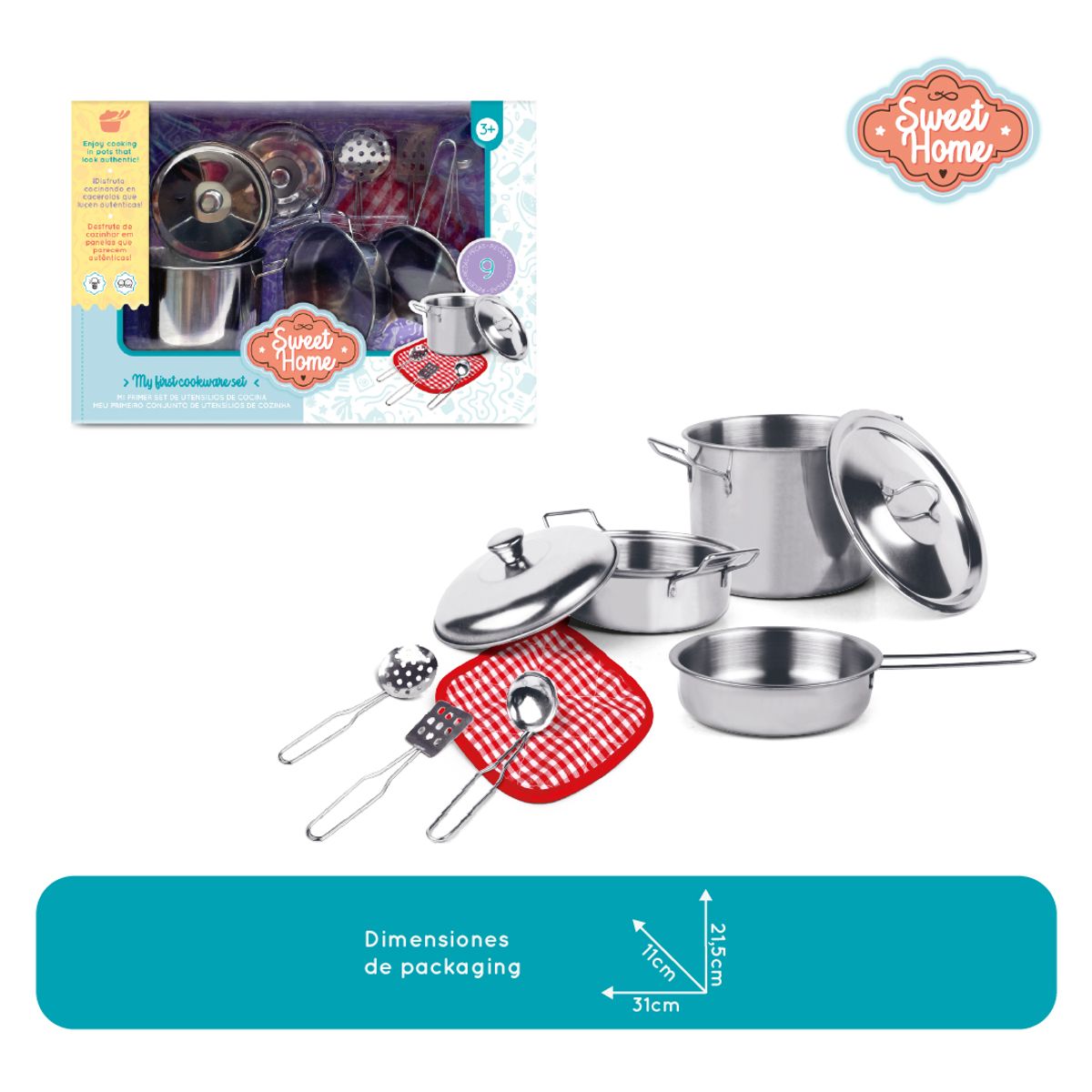 SWEET HOME - Ollas y Utensilios Metal Niños y Niñas 7 Pzs Cocina Jugete