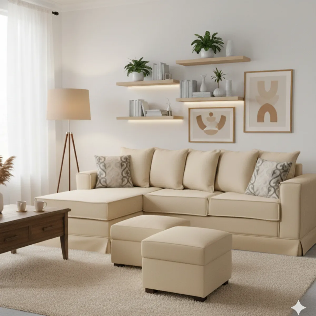 MUNDO LIVING - Living 311 Provenza Beige Seccional con resortes + 2 Ottoman
