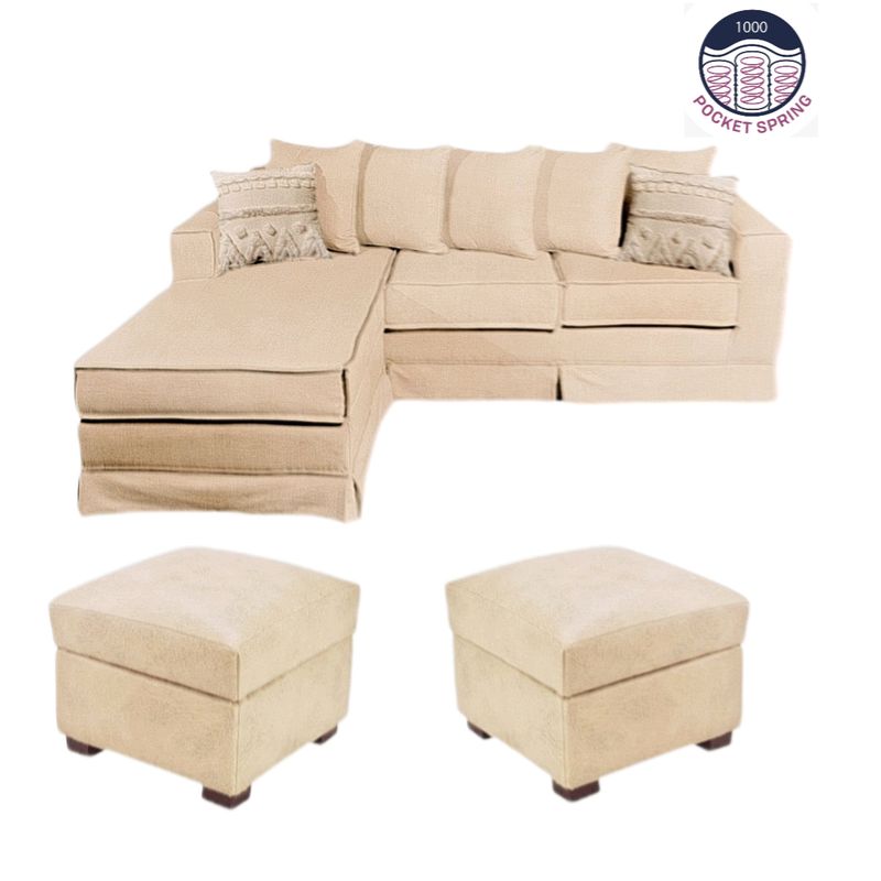 MUNDO LIVING - Living 311 Provenza Beige Sofa 3 cuerpos con resortes + 2 puff