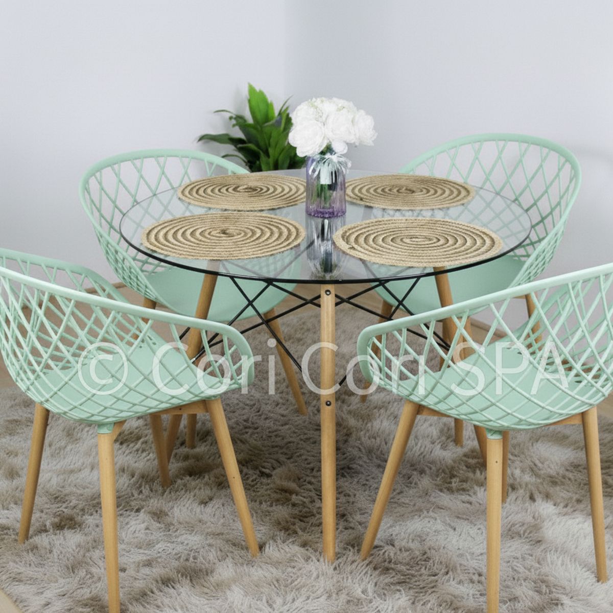 CORI CORI - Juego de Comedor Mesa Eames Vidrio 100cm + 4 Butacas Mesh Menta