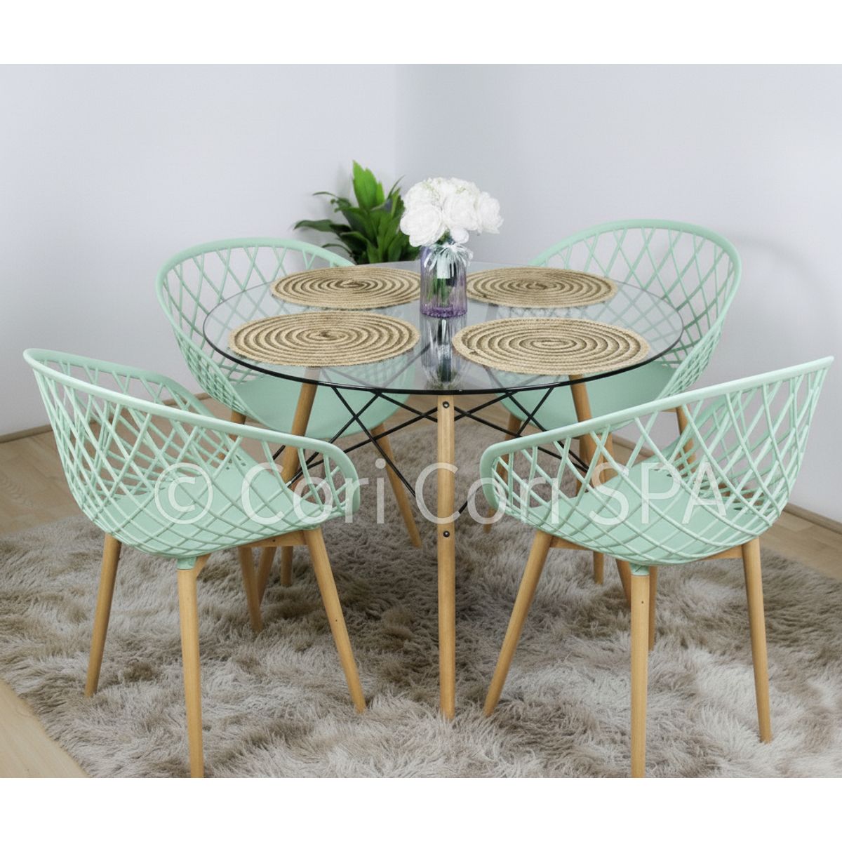 CORI CORI - Juego de Comedor Mesa Eames Vidrio 100cm + 4 Butacas Mesh Menta