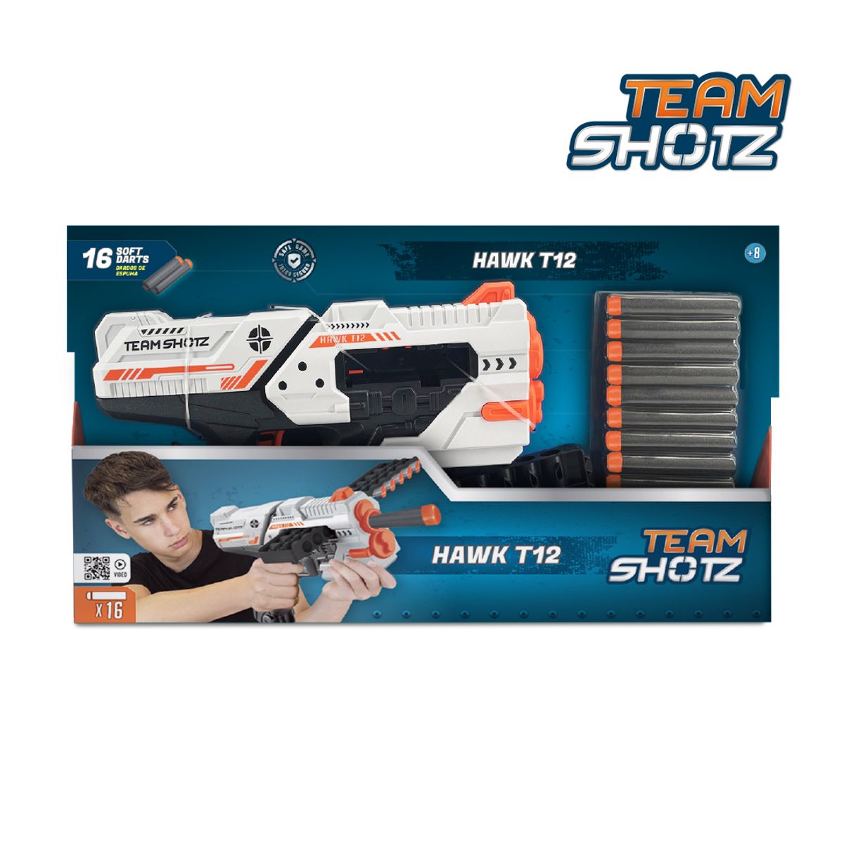 TEAM SHOTZ - Juguete T12 Lanzador 12 Dardos + 16 Dardos Espuma