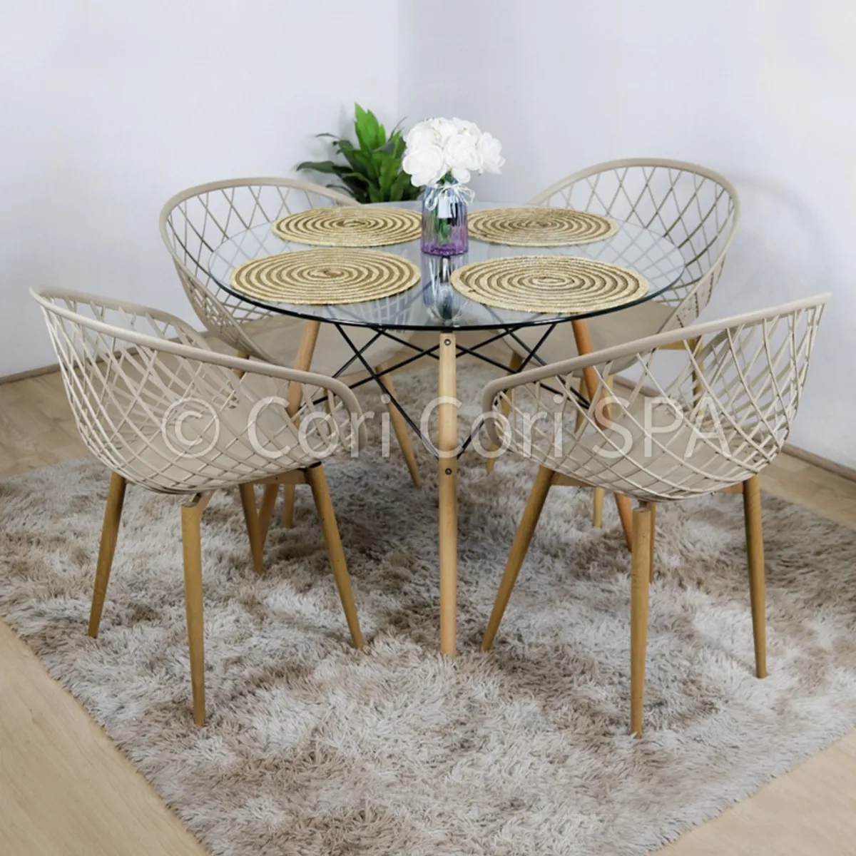 CORI CORI - Juego de Comedor Mesa Eames Vidrio 80cm + 4 Butacas Mesh Beige…