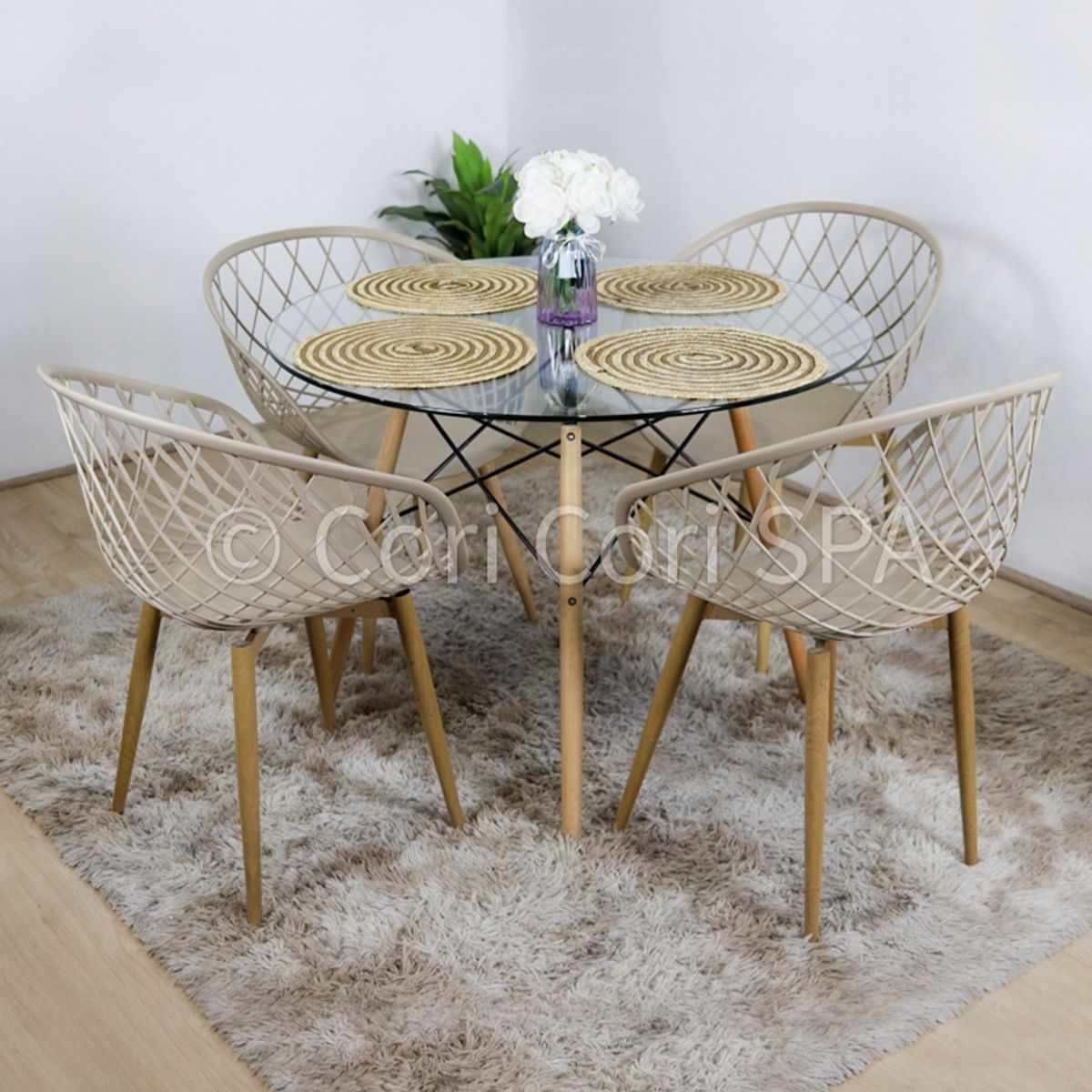 CORI CORI - Juego de Comedor Mesa Eames Vidrio 80cm + 4 Butacas Mesh Beige…