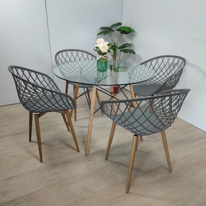 CORI CORI - Juego de Comedor Mesa Eames Vidrio 80cm + 4 Butacas Mesh Gris