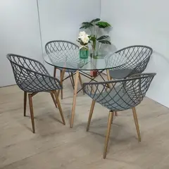 CORI CORI - Juego de Comedor Mesa Eames Vidrio 80cm + 4 Butacas Mesh Gris