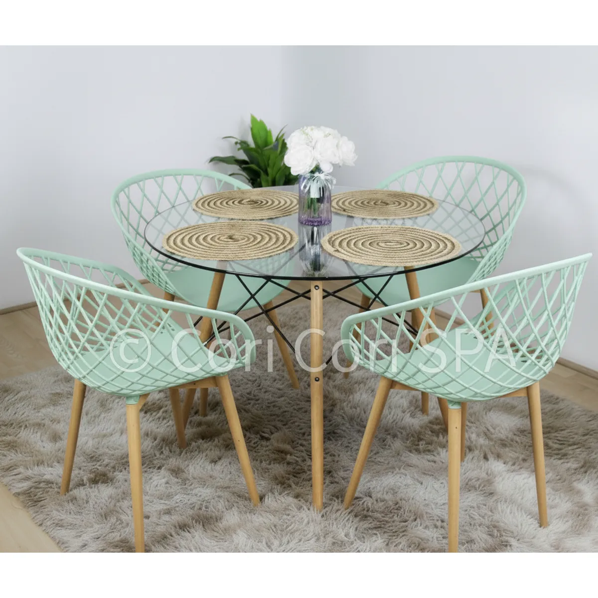 CORI CORI - Juego de Comedor Mesa Eames Vidrio 80cm + 4 Butacas Mesh Menta