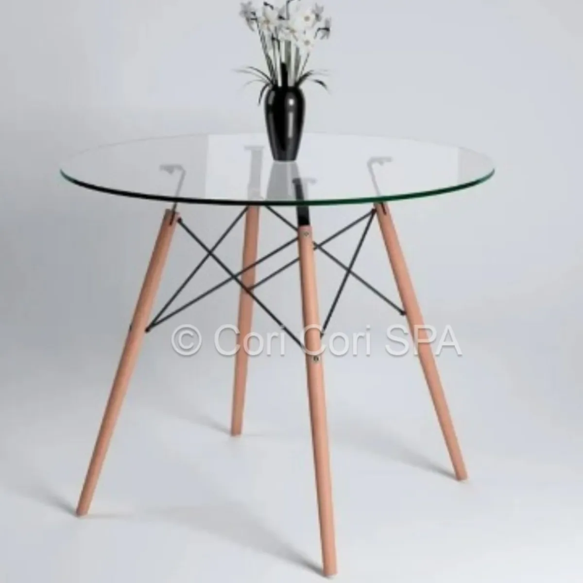 CORI CORI - Juego de Comedor Mesa Eames Vidrio 80cm + 4 Butacas Mesh Menta