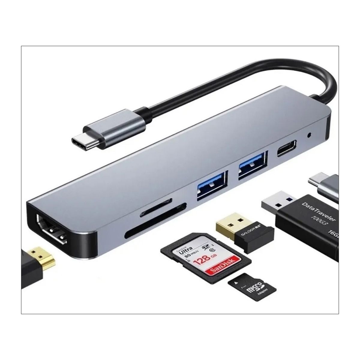 GENERICO - Hub Adaptador Usb-c 6 En 1 (hdmi,2x Usb 3.0, Tf, Sd, Usb-c) MAC y PC