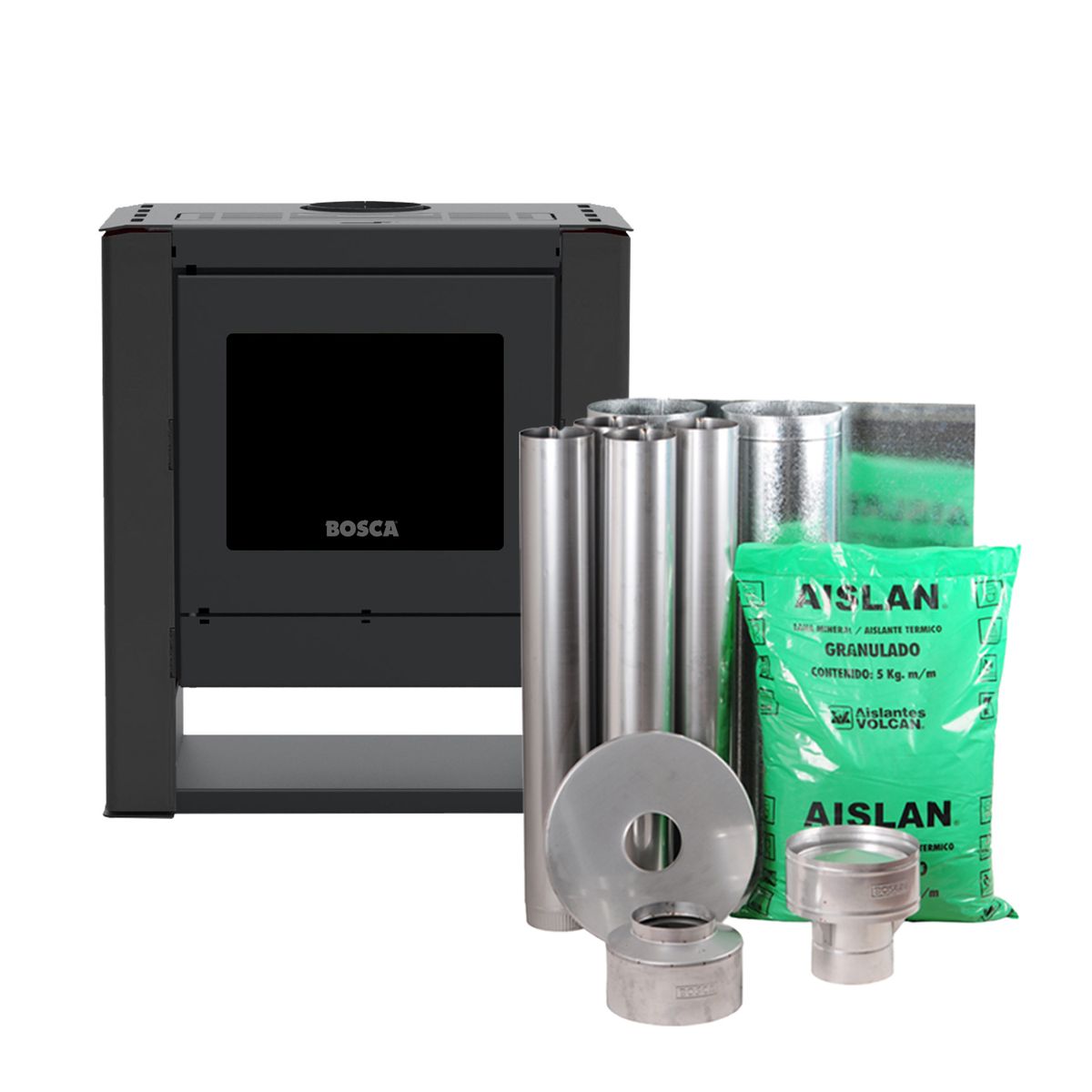 BOSCA - Pack Calefactor a Leña Gold 500 Charcoal Black Vision + kit de Instalación