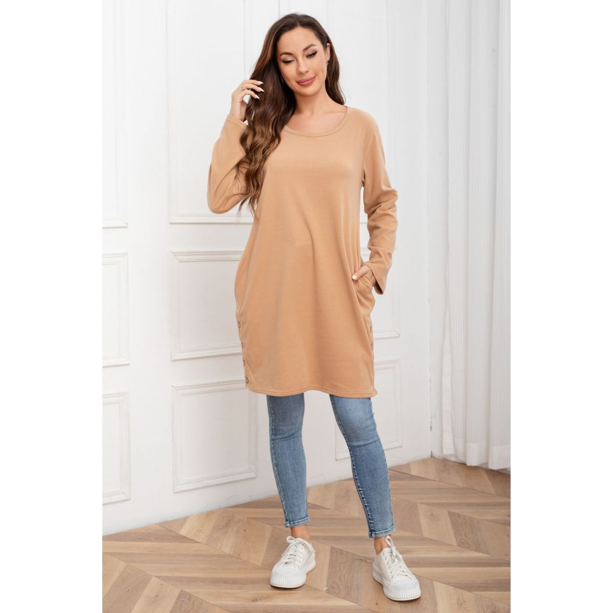 LIKE SHOP - Polera Lisa Mujer Manga Larga Tipo Vestido Bolsillos 2007