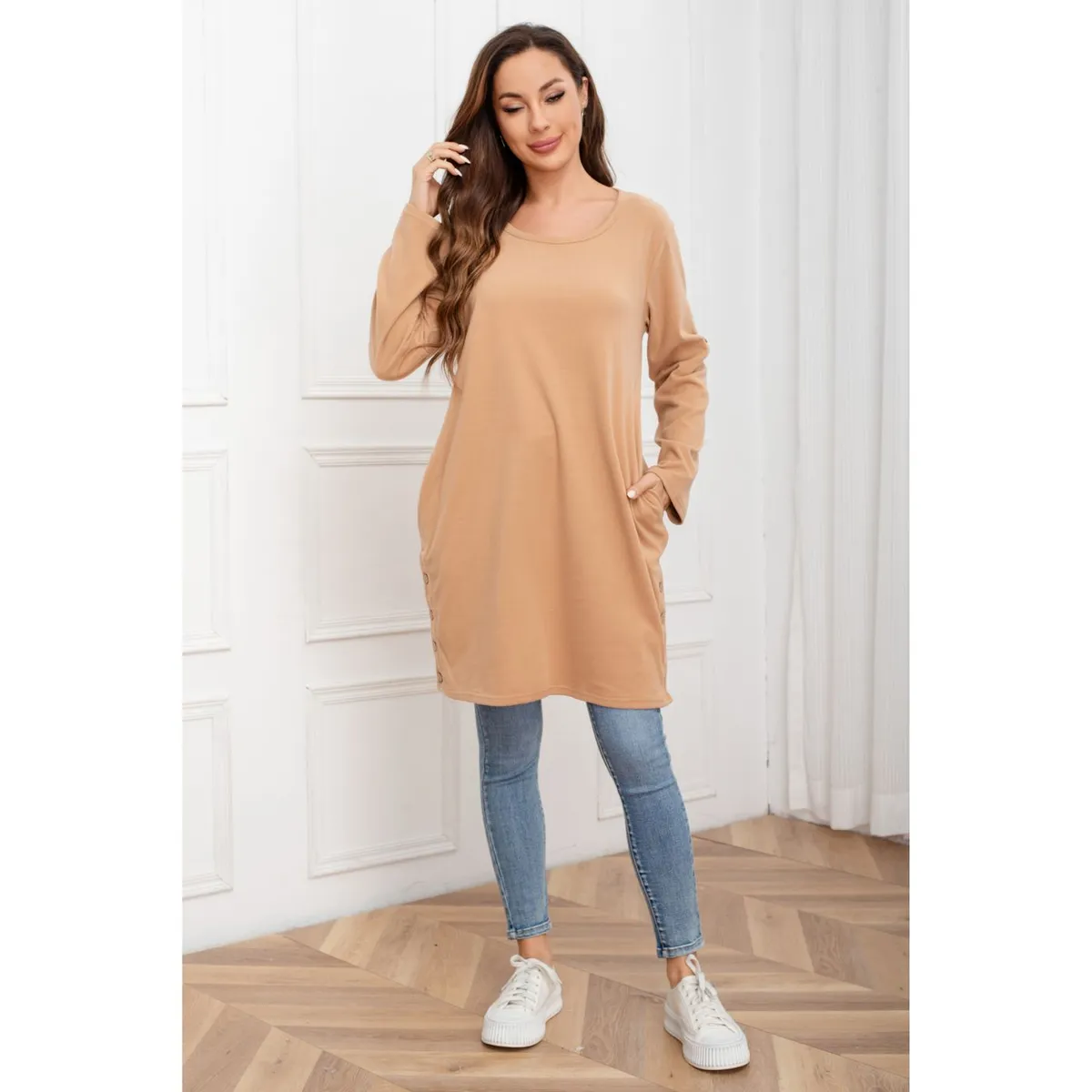 LIKE SHOP - Polera Lisa Mujer Manga Larga Tipo Vestido Bolsillos 2007