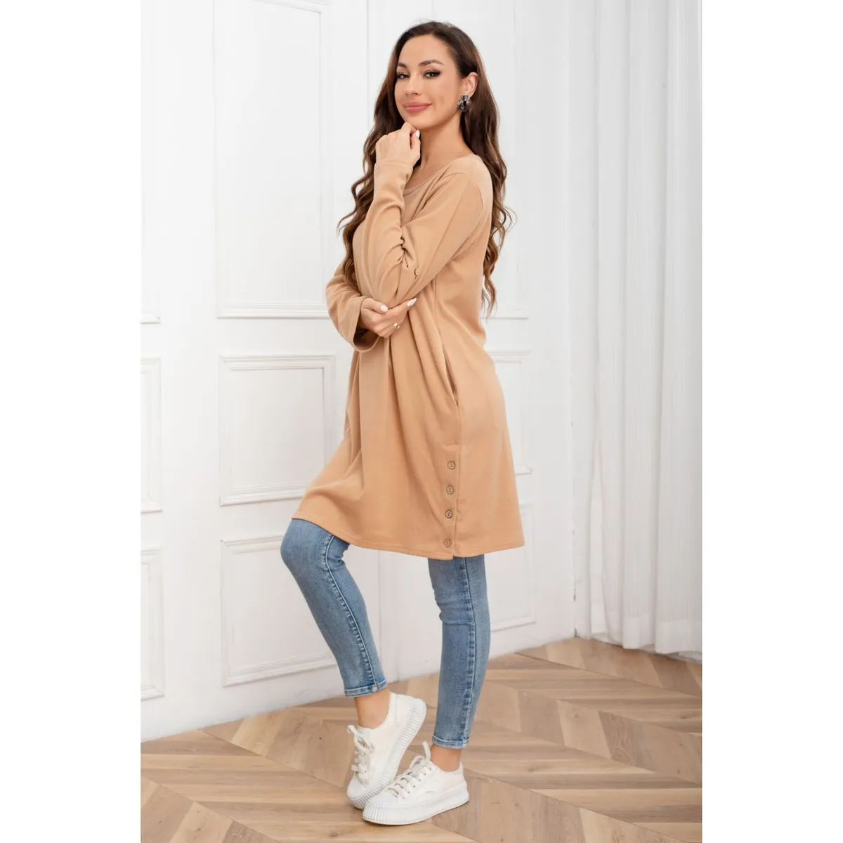 LIKE SHOP - Polera Lisa Mujer Manga Larga Tipo Vestido Bolsillos 2007