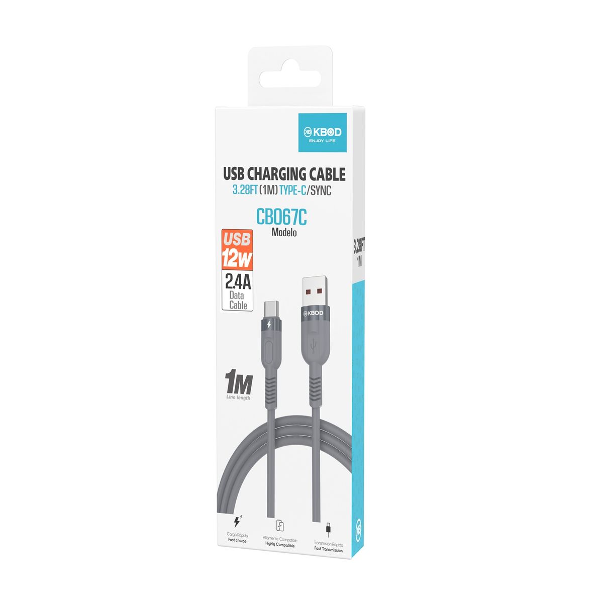 KBOD - Cable Para Carga y Datos Usb Tipo C Kbod Cbo67 1 Metro 12W Gris
