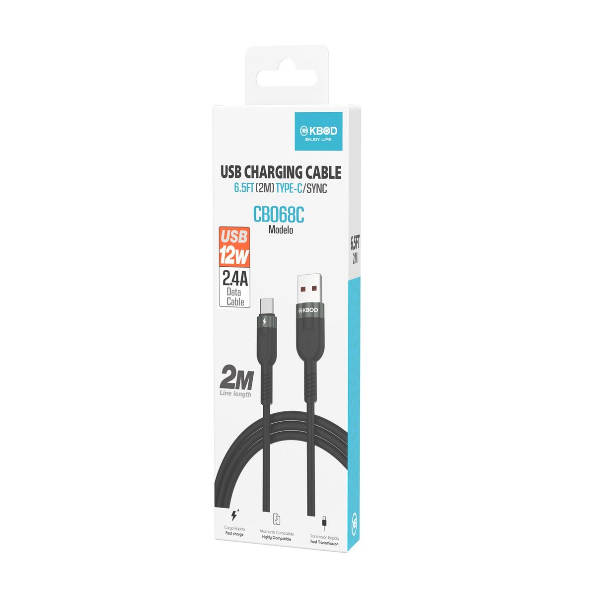 KBOD - Cable Para Carga y Datos Usb Tipo C Kbod Cbo68 2 Metros 12W Negro