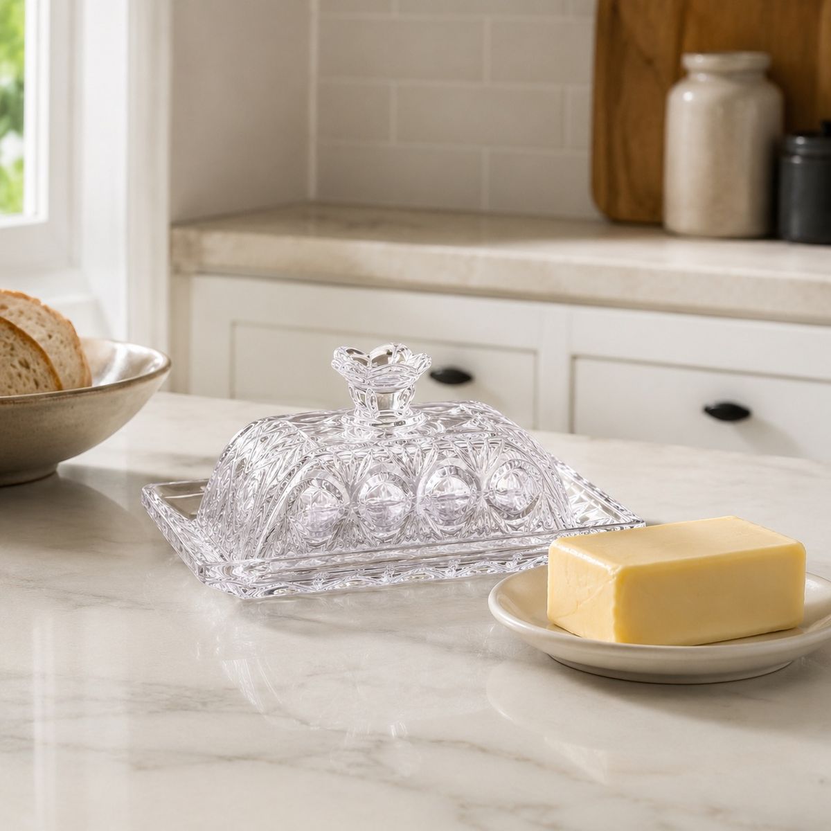 HOMESTAR - Mantequillera de vidrio transparente con tapa decorativa