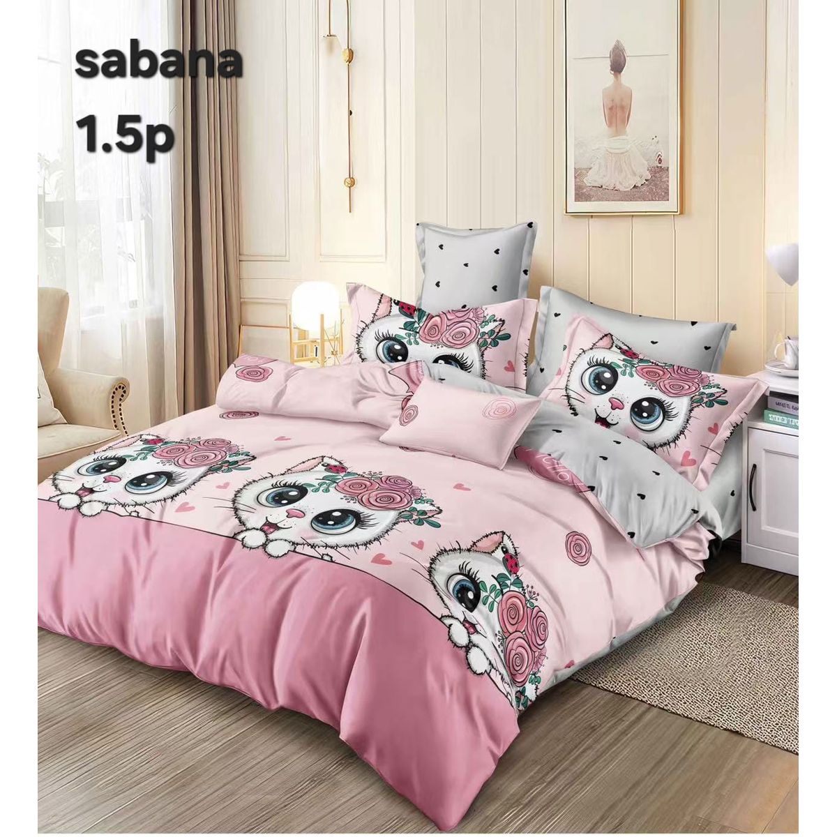 GENERICO - Juego de Sabanas Infantil 1.5 Plazas. 3 Piezas. Diseño Gato