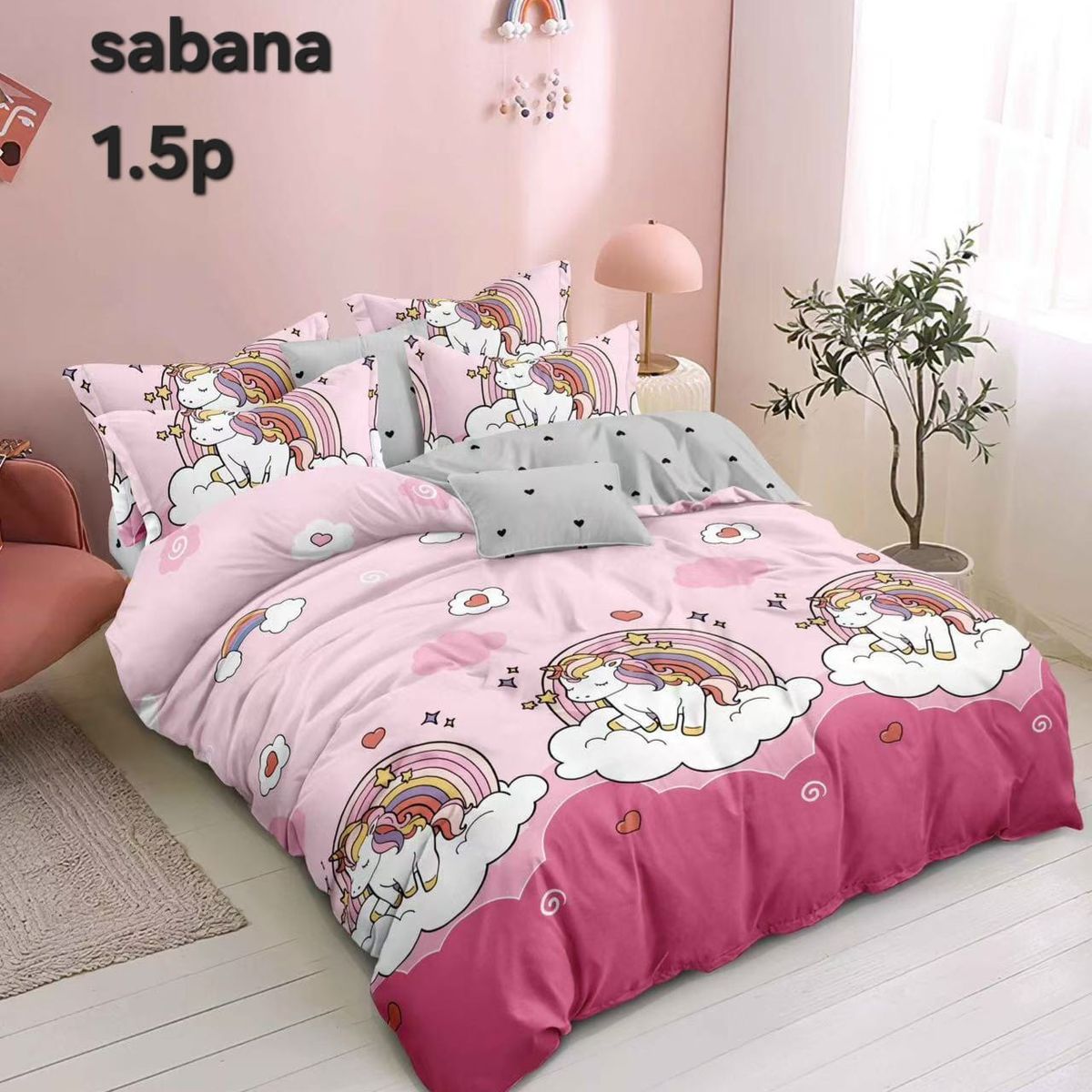 GENERICO - Juego de Sabanas Infantil 1.5 Plazas. 3 Piezas. Diseño Unicornio