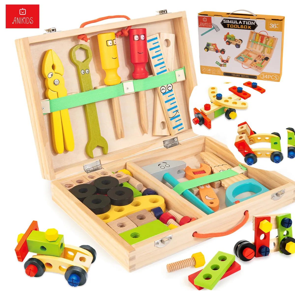 ANIKIDS - Caja de Herramienta Madera Juguete Didáctico Montessori Niño