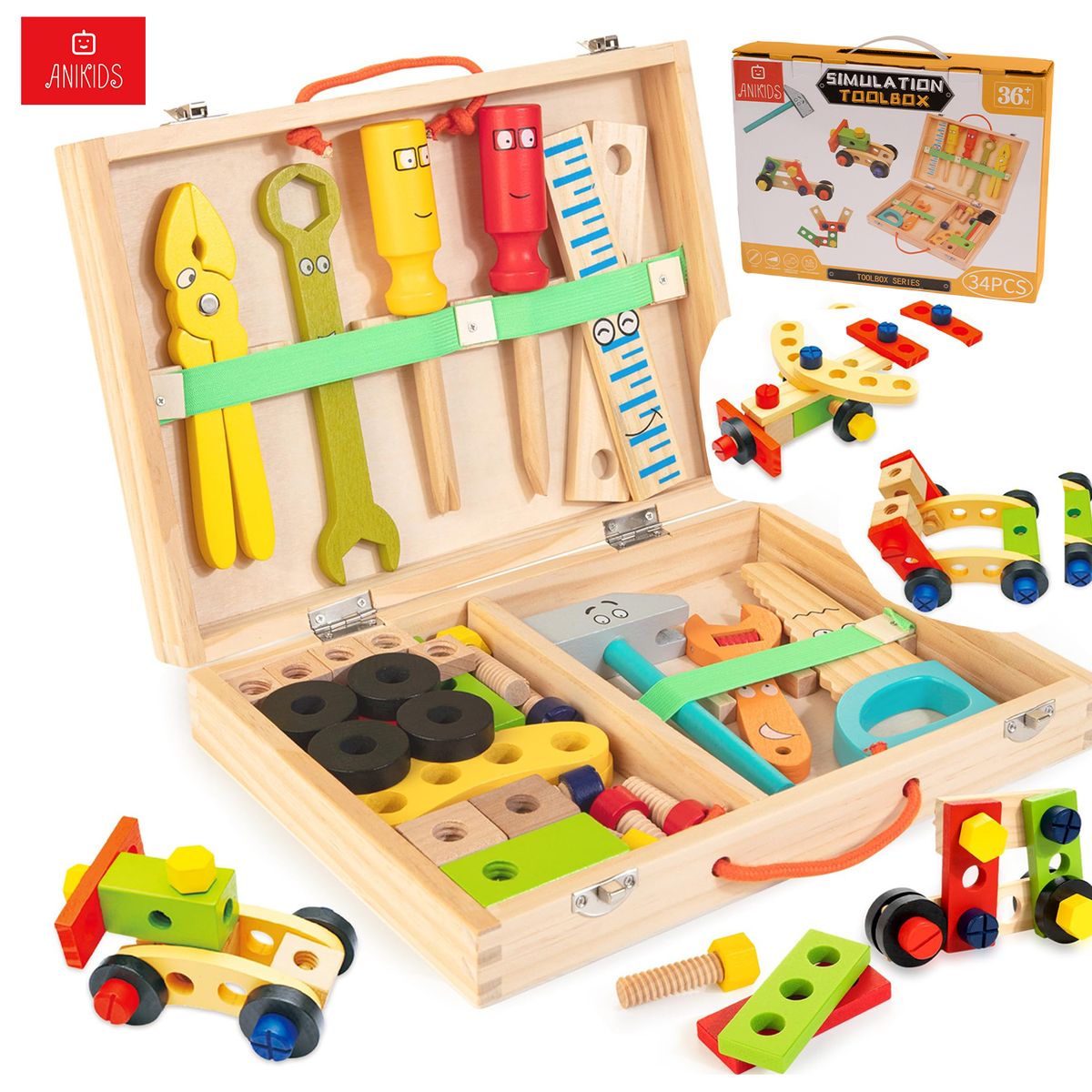 ANIKIDS - Caja de Herramienta Madera Juguete Didáctico Montessori Niño