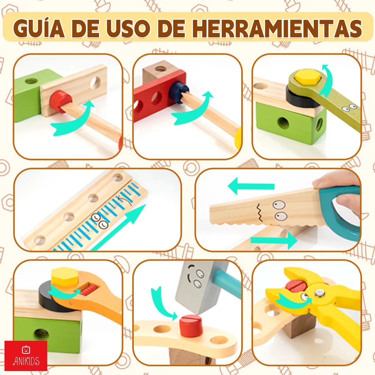 ANIKIDS - Caja de Herramienta Madera Juguete Didáctico Montessori Niño