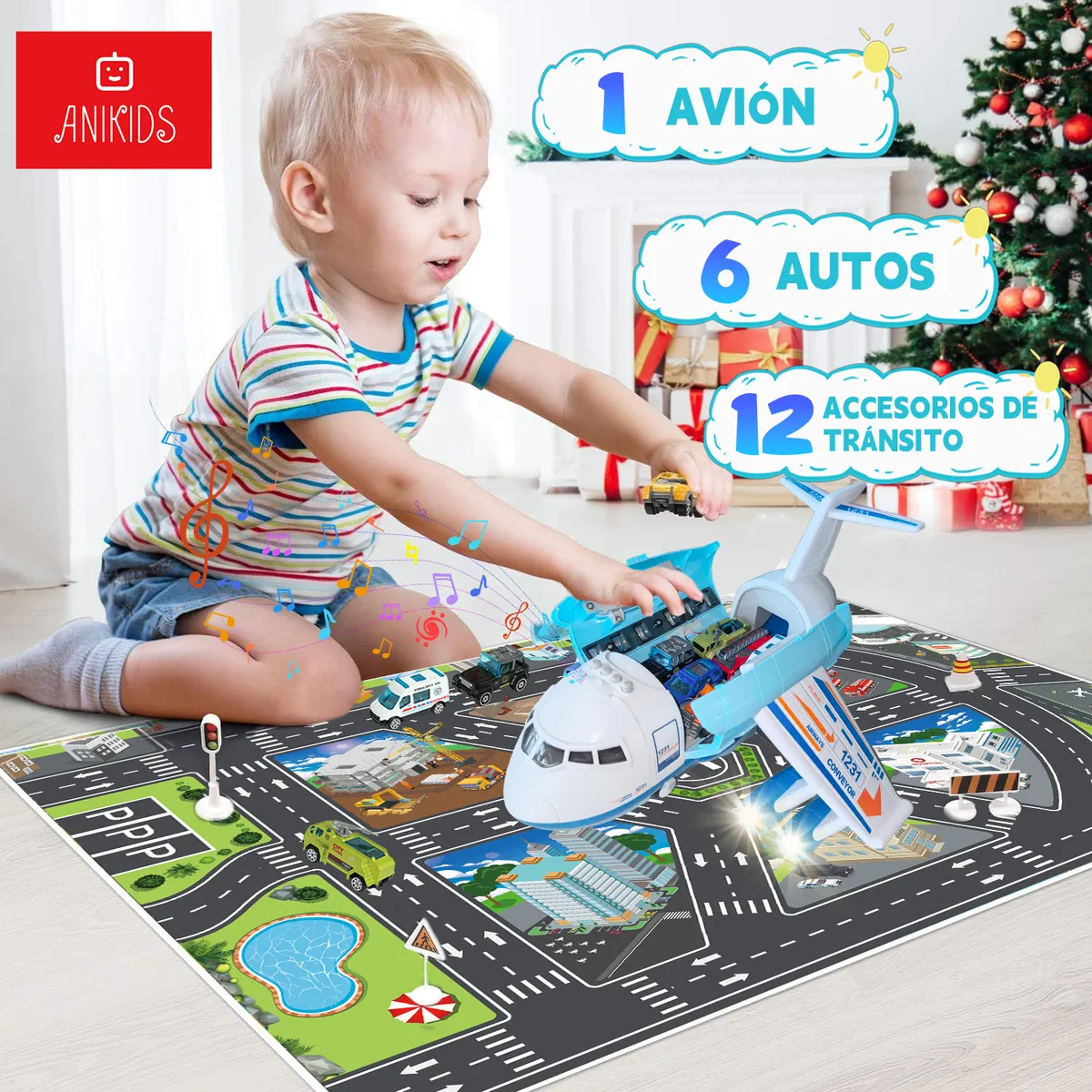 ANIKIDS - Avion Transportador Con 6 Auto Luz Sonido Vapor Juguete Niño