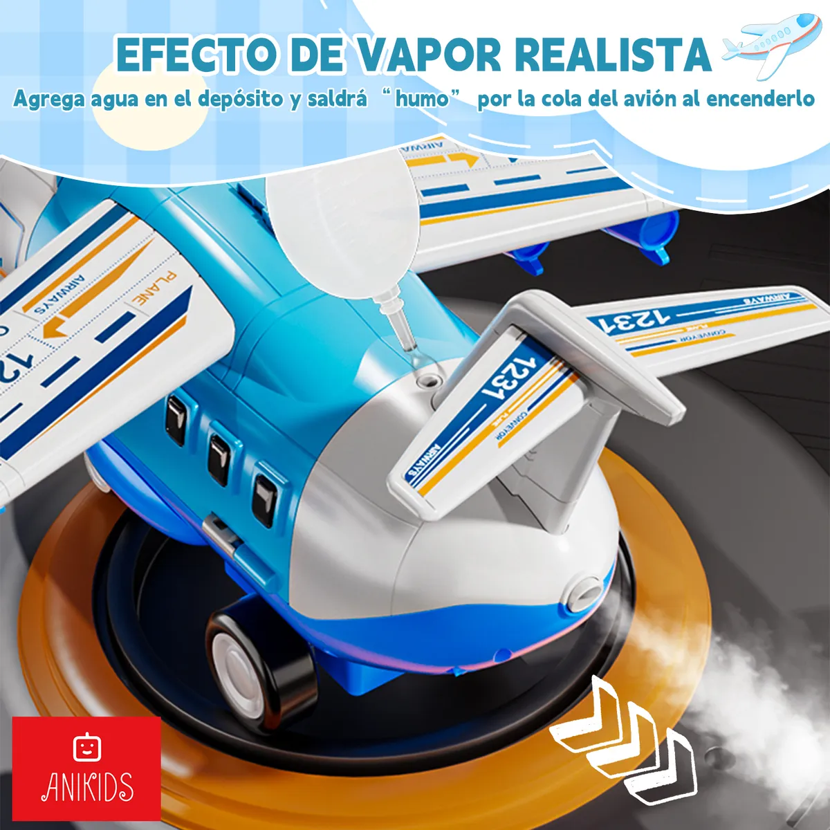 ANIKIDS - Avion Transportador Con 6 Auto Luz Sonido Vapor Juguete Niño