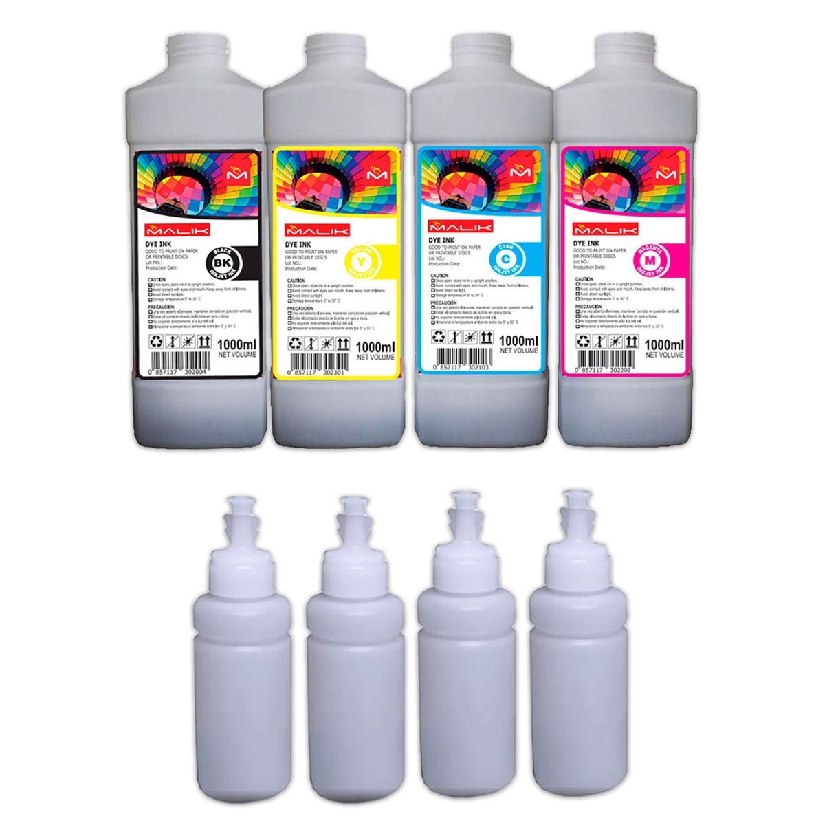 MALIK - Pack 4 Litros + 4 Botellas vacias para Epsn E/tank L455