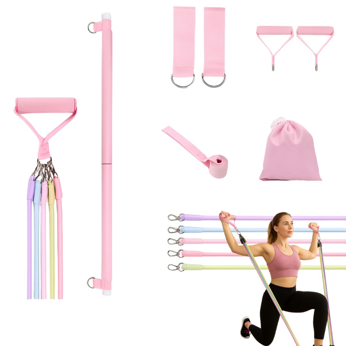 GENERICO - Set Pilates Barra Bandas Resistencia Elasticas Ejercicio