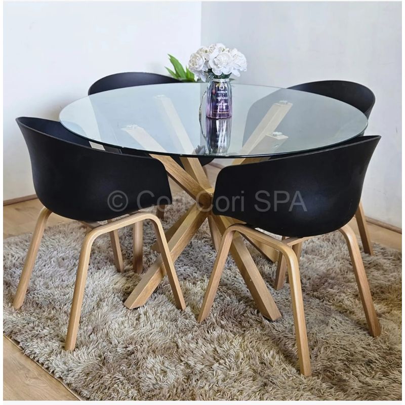 CORI CORI - Juego de Comedor Mesa Warwick Vidrio 100cm + 4 Sillas Cup Negro