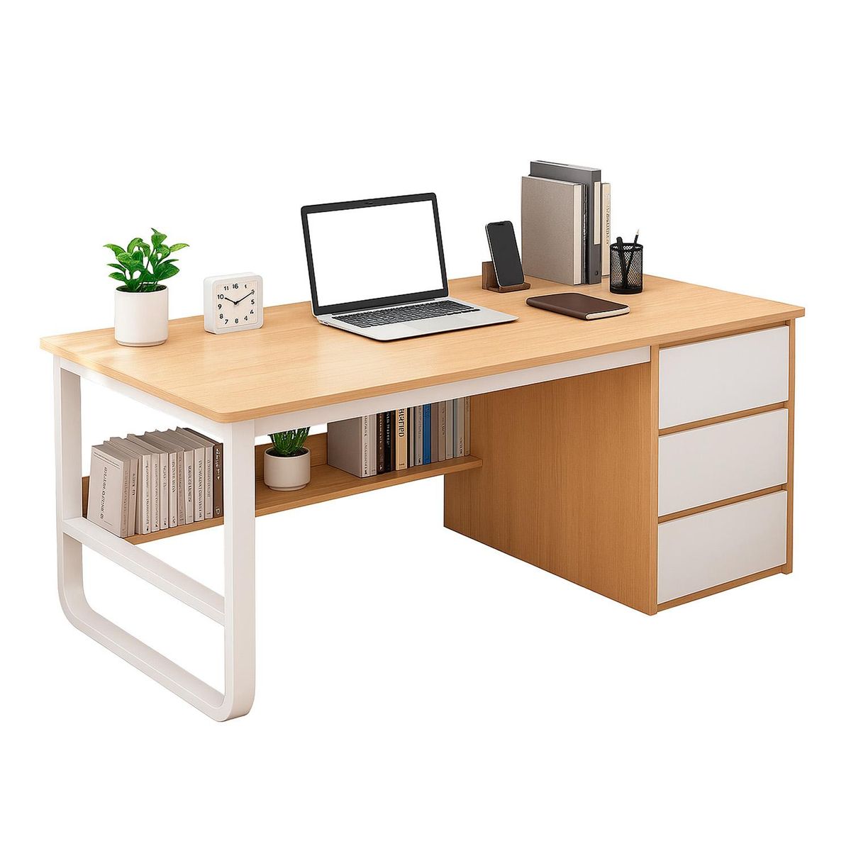 GLOBAL LATIN GROUP - Escritorio con 3 Cajones y Estante Librero Madera Blanco Oficina