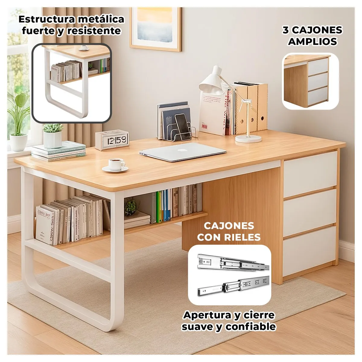 GLOBAL LATIN GROUP - Escritorio con 3 Cajones y Estante Librero Madera Blanco Oficina