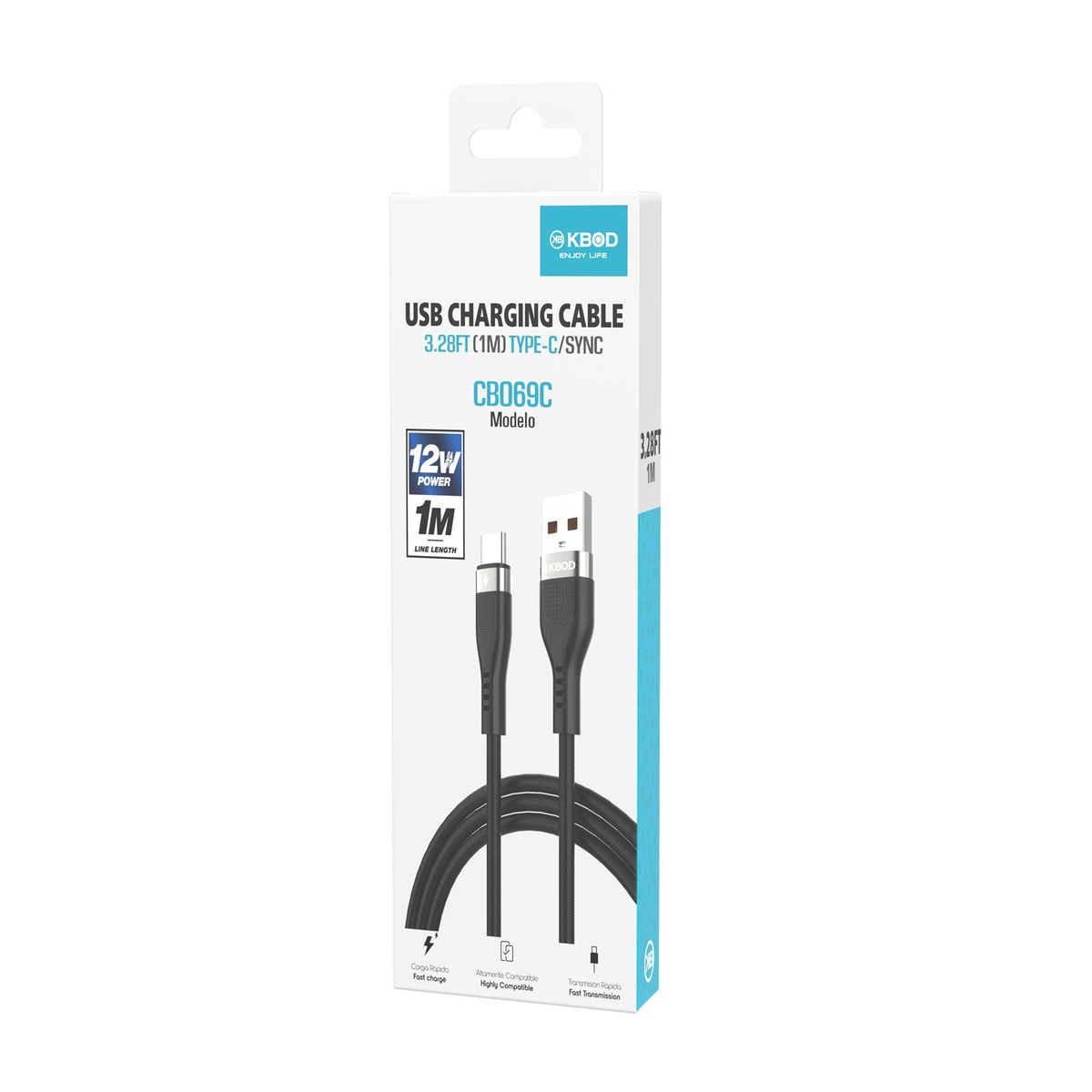 KBOD - Cable Para Carga y Datos Usb Tipo C Kbod Cbo69 1 Metro 12W Negro