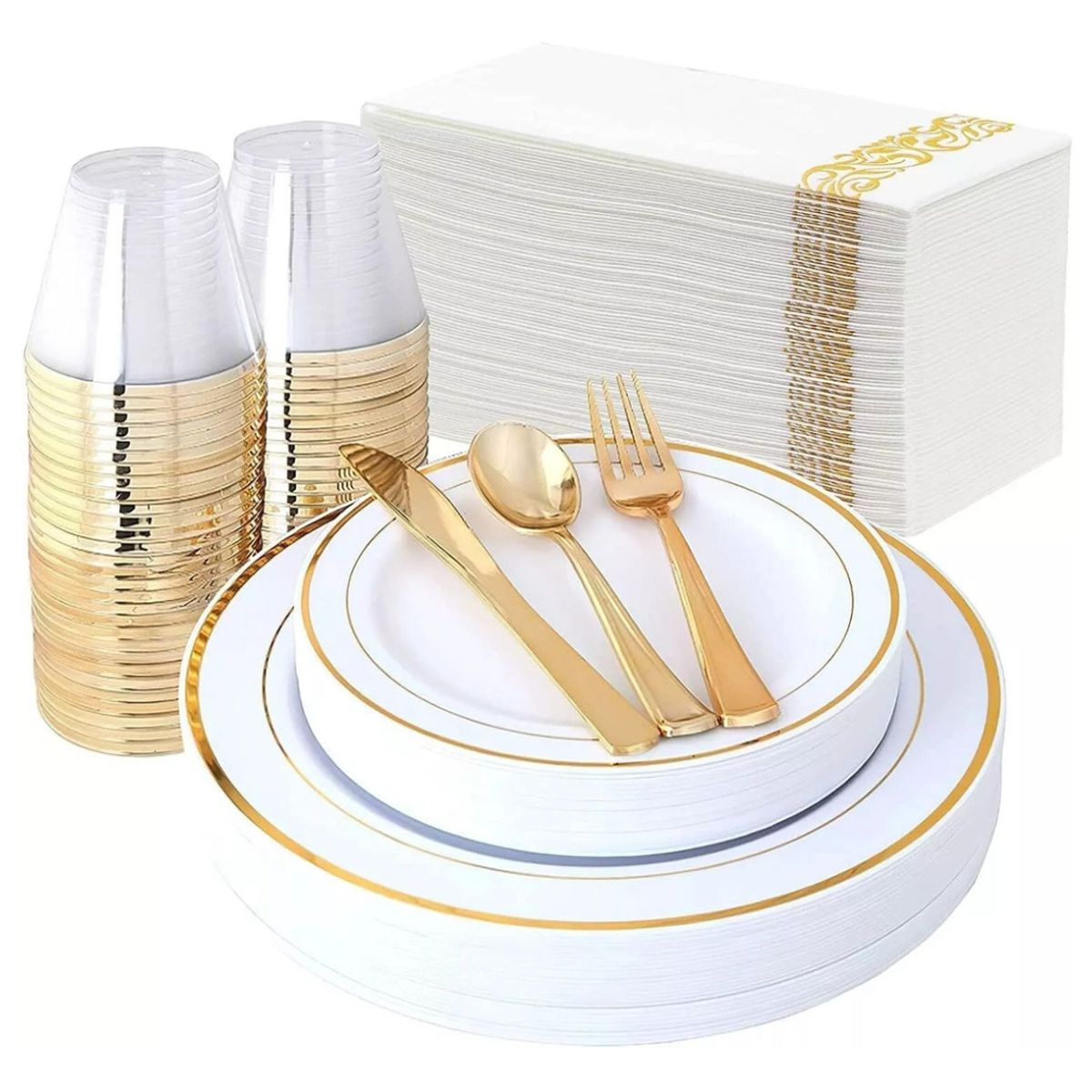 GENERICO - Platos Desechables Elegantes Fiesta 10 Personas 70Pcs Gold