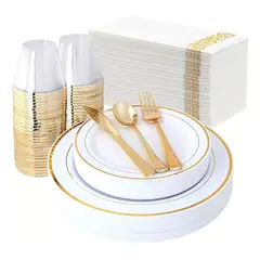 GENERICO - Platos Desechables Elegantes Fiesta 10 Personas 70Pcs Gold