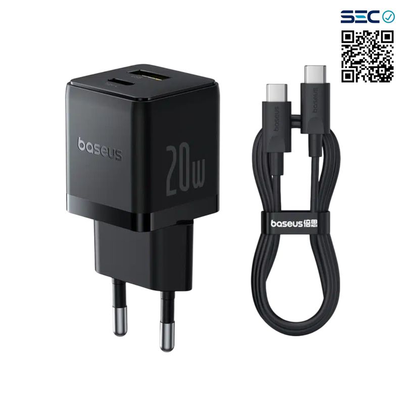 BASEUS - Cargador Rápido Baseus PalmCluster USB USB C 20W + Cable USB C Negro