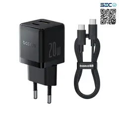 BASEUS - Cargador Rápido PalmCluster USB USB C 20W + Cable USB C Negro