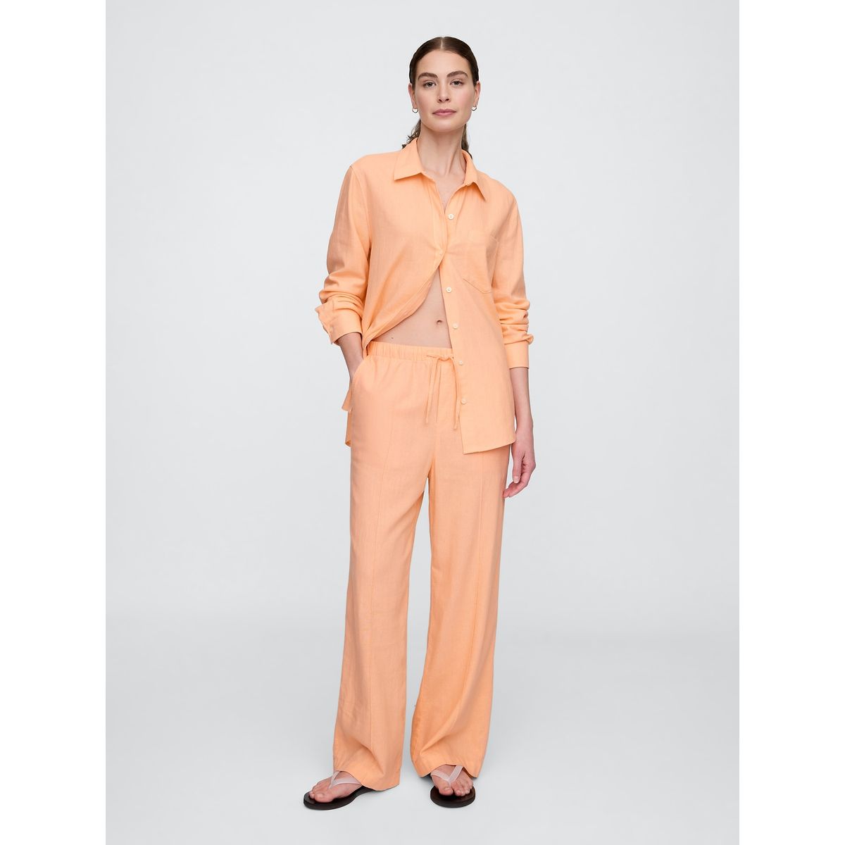 GAP - Pantalón Mujer Wide-Leg Lino Naranjo Gap