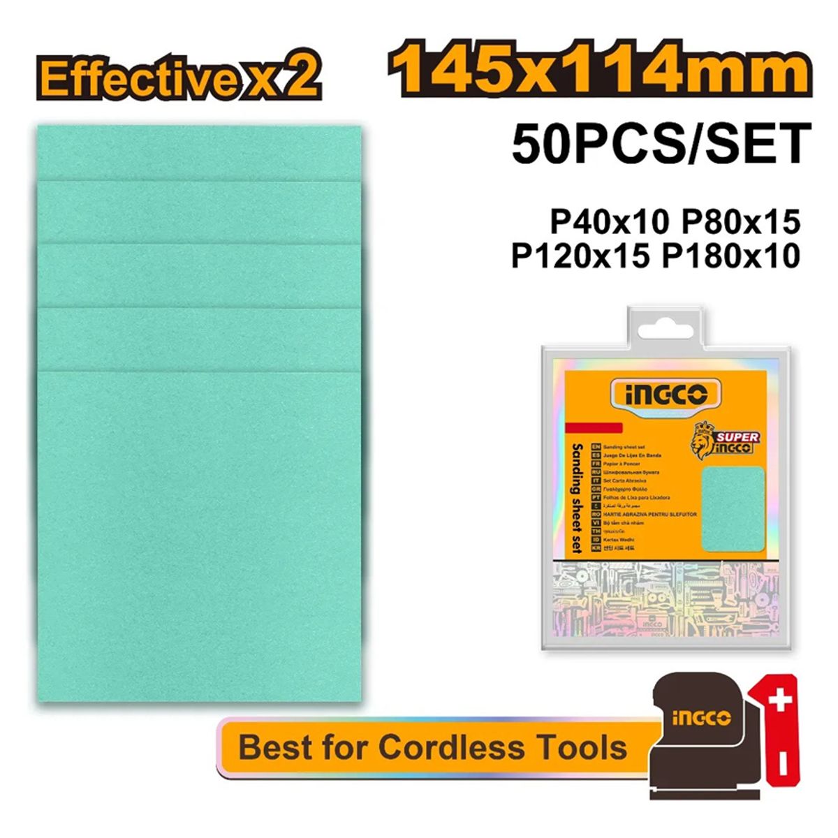 INGCO - Set 50 Lijas P40 80 120 180 Multimaterial 145x114 Mm Ingco