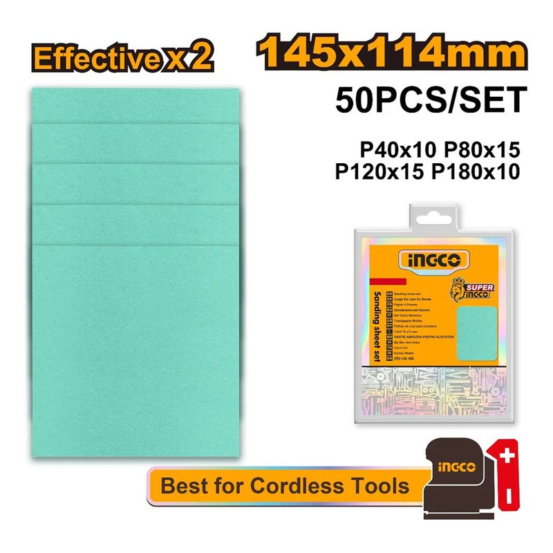 INGCO - Set 50 Lijas P40 80 120 180 Multimaterial 145x114 Mm Ingco